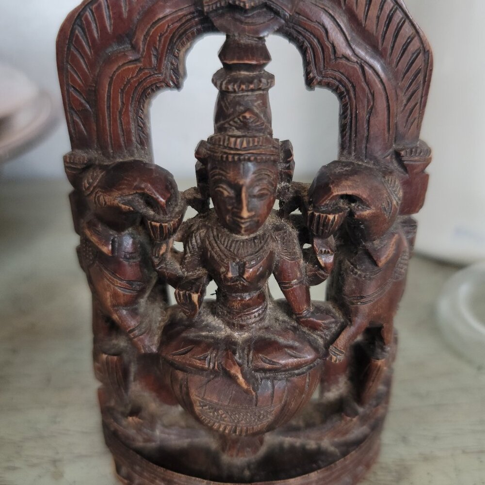 Unique Hand Carved Vintage Wooden Gaj Lakshmi Sculpture